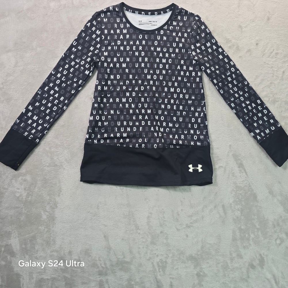 Under Armour ColdGear Girls Medium Black White Text Print Fitted Long Sleeve Top